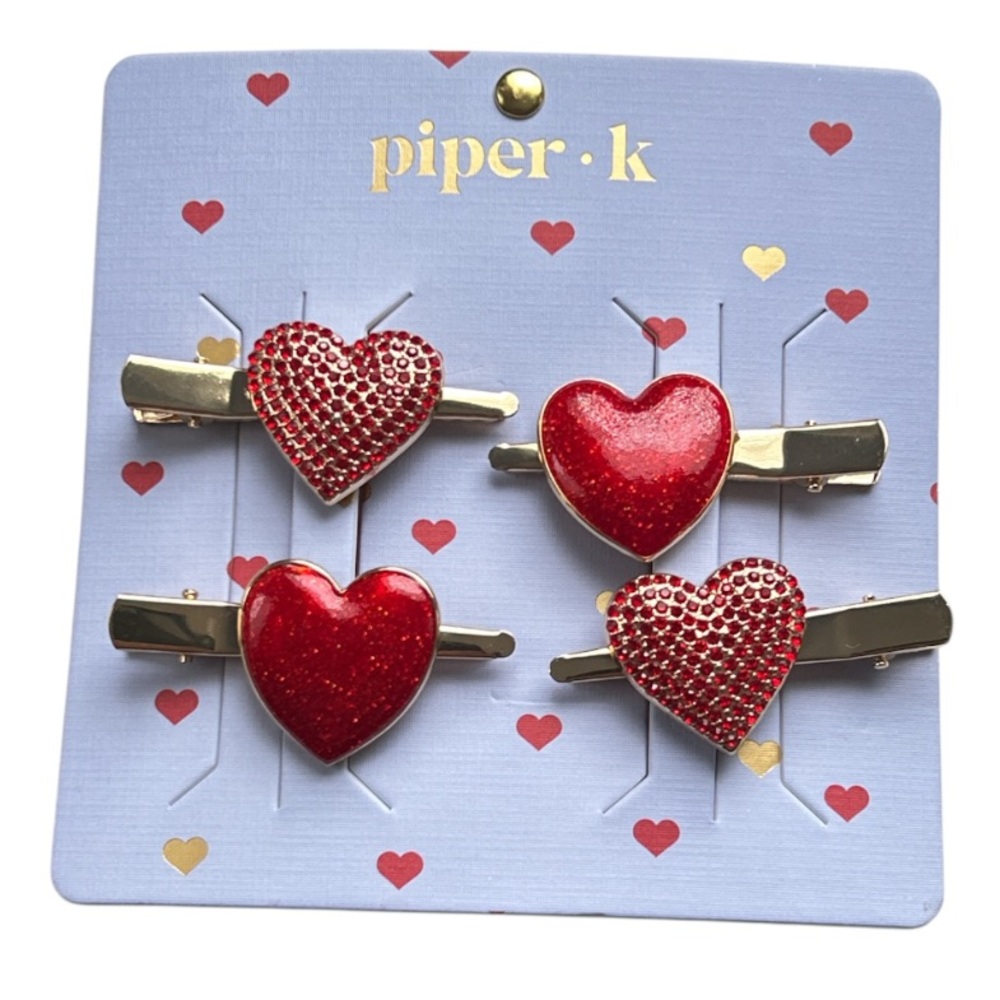 Piper K Set Of 4 Red Enamel And Rhinestone Heart Hair Clips Barrettes New